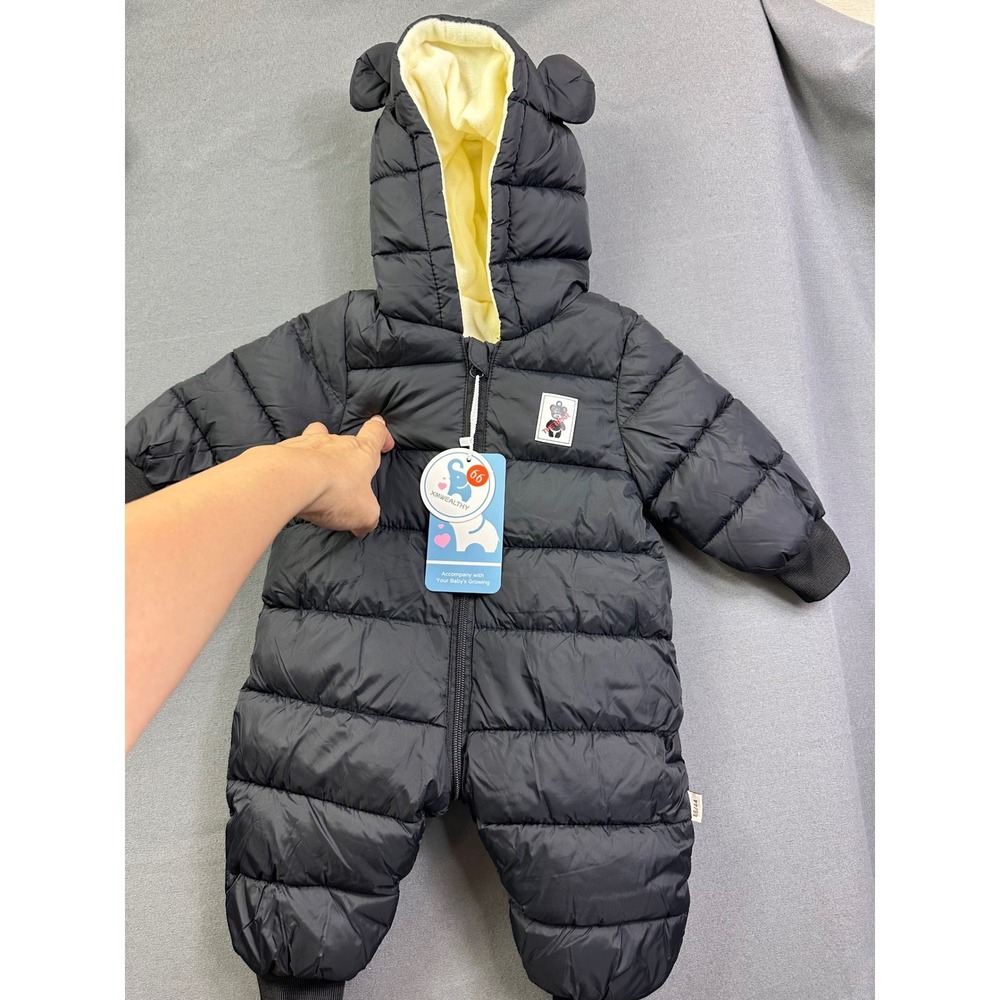 XMWEALTHY Baby Hood Puffer Snowsuit Fleece Lined Bear Ear One‎ Piece Black 66/44